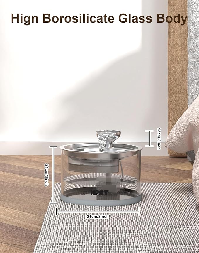 NPET N280 Cat Water Fountain Glass, 95oz/2.8L Automatic Pet Fountain Dog Stainless Steel Tray, Water Dispenser for Cats, Dogs, Multiple Pets (Water Fountain + 1 Filters)