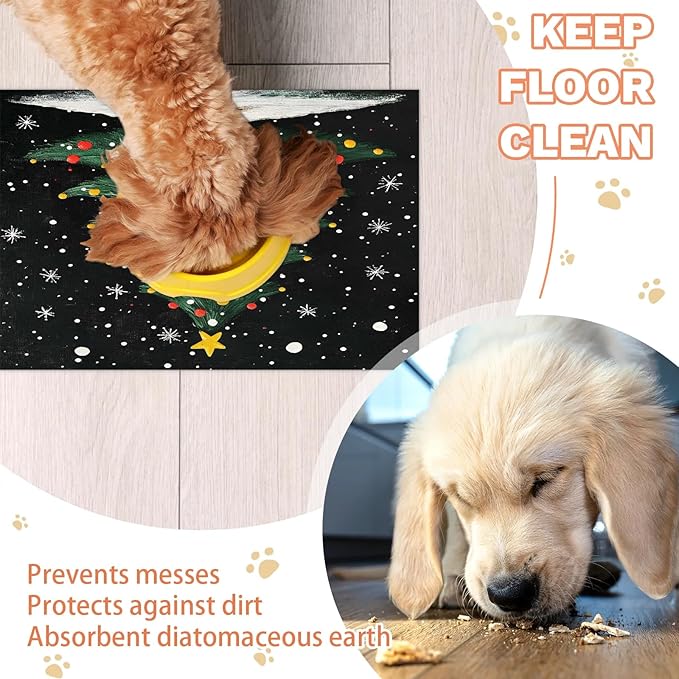 Christmas Tree Dog Food Mat for Floors Absorbent, Quick Dry Water Dispenser Mat for Food, Water, Pet Supplies 12" x 20", Xmas Pine Tree