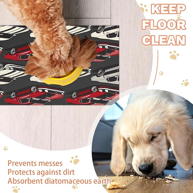 Vintage Car Dog Food Mat for Floors Absorbent, Quick Dry Water Dispenser Mat for Food, Water, Pet Supplies 12" x 20", Red White Car