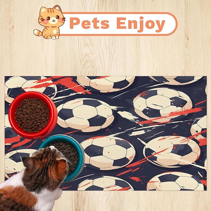 American Football Dog Food Mat for Floors Absorbent, Quick Dry Water Dispenser Mat for Food, Water, Pet Supplies 17" x 30", Soccer Ball