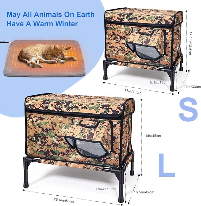 Heated Outdoor Cat House Weatherproof, Large Insulated Cat House for Indoor, Winter Stray/Feral Cat Shelter (Camouflage Cat House, Small-17×13"×12")