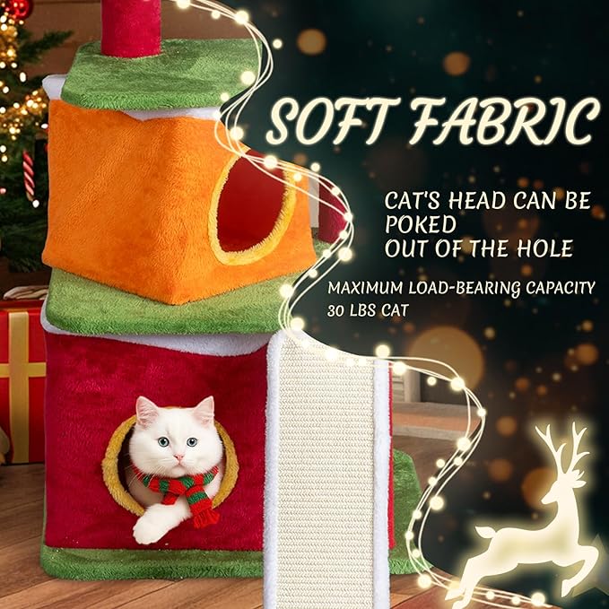Outvita 48.5in Christmas Themed Plush Cat Tree, Multi-Level Cat Tower with Cat Condos, Top Perch, Sisal Ramp Scratching Board, Large Cat Pet Activity Center for Indoor Cats
