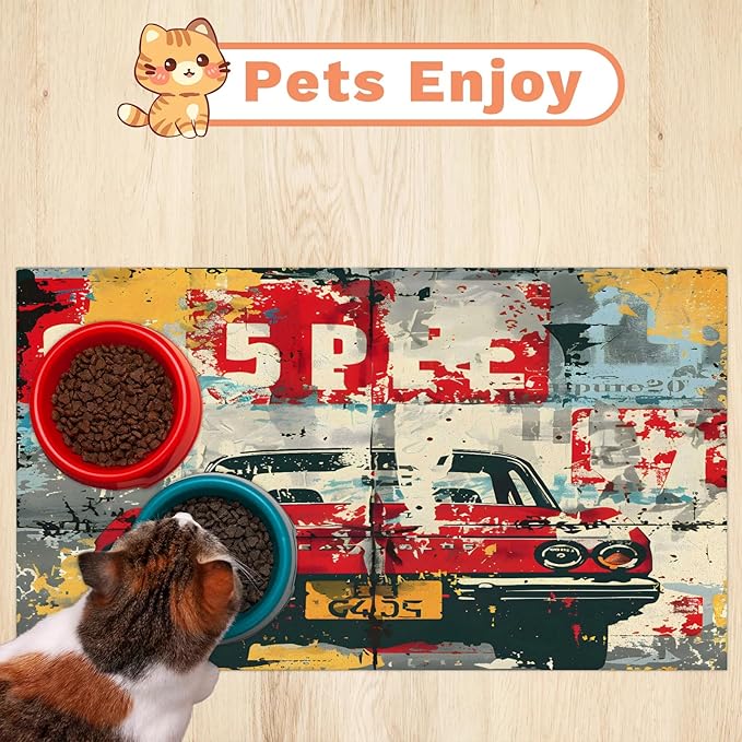 Vintage Car Dog Food Mat for Floors Absorbent, Quick Dry Water Dispenser Mat for Food, Water, Pet Supplies 16" x 24", Abstract Graffiti