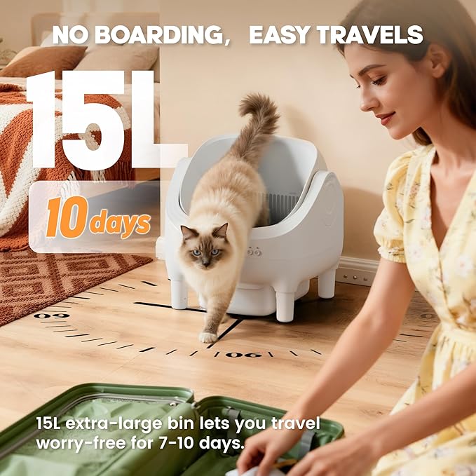 Greesum Self Cleaning Cat Litter Box – Automatic Open-Top Smart Litter Box with App Control, 15L Odor-Sealed Waste Bin, Ultra Quiet 35dB, Multi-Cat & Large Cat Compatible, with Trash Bags & Mat