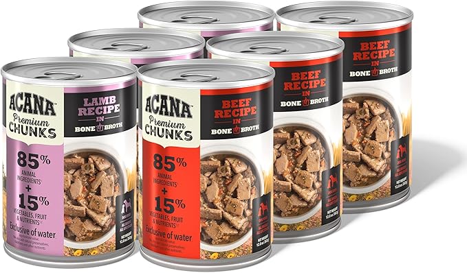ACANA Premium Chunks in Bone Broth Grain-Free Wet Dog Food Variety Pack: Beef + Lamb Recipes 12.8oz Cans (6 Count, 3 of Each)