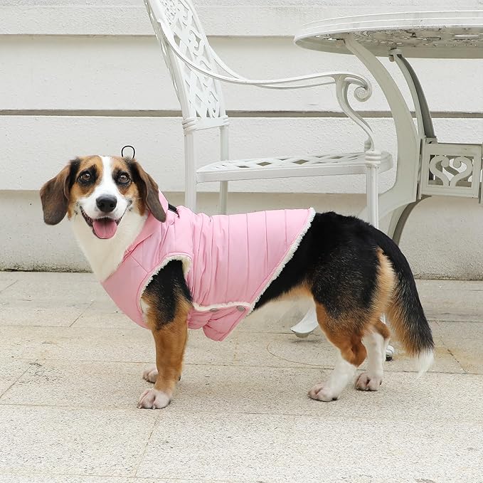 Fleece Lining Dog Hoodie with Harness Built in,Extra Warm Small Dog Jacket in Winter Puppy Coats with Drawstring Hooded,Light Pink M