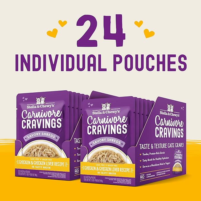 Stella & Chewy's Carnivore Cravings Wet Cat Food - Premium Pouches - Grain Free, High Protein Chicken & Chicken Liver - Perfect For Pickey Eaters - Complete Meal or Topper (2.8 oz, 24 Pack)