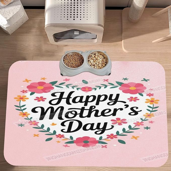Pet Feeding Mat for Dogs Cats Happy Mother's Day Floral Gift for Mom ES Absorbent Dog Food Mat Non-Slip Waterproof Placemat Quick Dry Pet Supplies Bowl Mats
