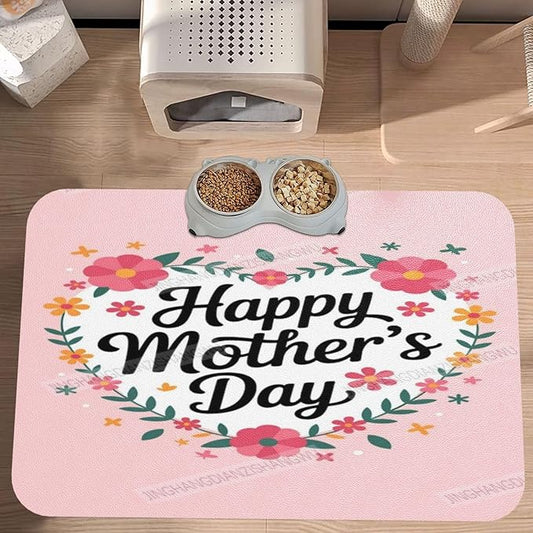 Pet Feeding Mat for Dogs Cats Happy Mother's Day Floral Gift for Mom ES Absorbent Dog Food Mat Non-Slip Waterproof Placemat Quick Dry Pet Supplies Bowl Mats