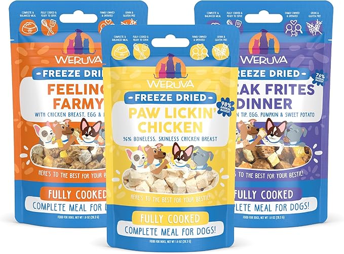Weruva Sampler of All Freeze Dried Dog Food Recipes, Feeling Farmy, Paw Lickin Chicken, and Steak Frites Dinner (3 Pack, 1oz Bags)