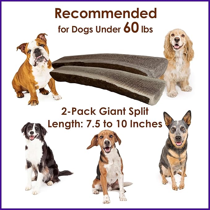 2‑Pack Giant Split Elk Antler Dog Chews – 7.5‑10 Inch Natural, Long‑Lasting Chews for Medium & Large Dogs Under 60 lbs, Center‑Split Design for Safer Chewing & Marrow Access
