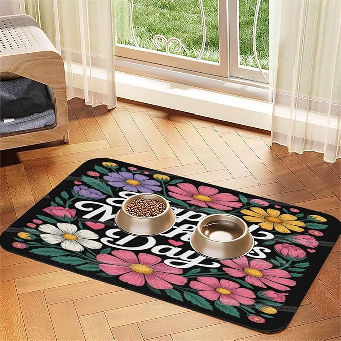 Absorbent Dog Water Cat Mat for Food Water Bowl Quick Dry Happy Mother's Day Floral Gift for Mom Le Pet Feeding Mats No Stains Dog Food Mat Pet Accessories Supplies Cat Bowl Mats 24x16In