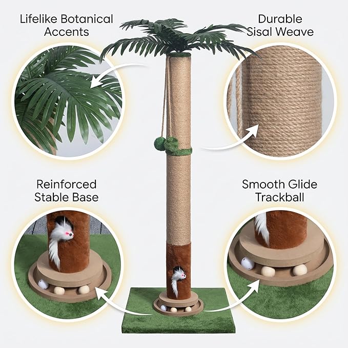 Cat Scratching Post 35'' Tall Cat Scratcher, Scratching Posts for Indoor Cats with Cat Toy Mouse, Interactive Wooden Track Ball for Kittens Adults Cats