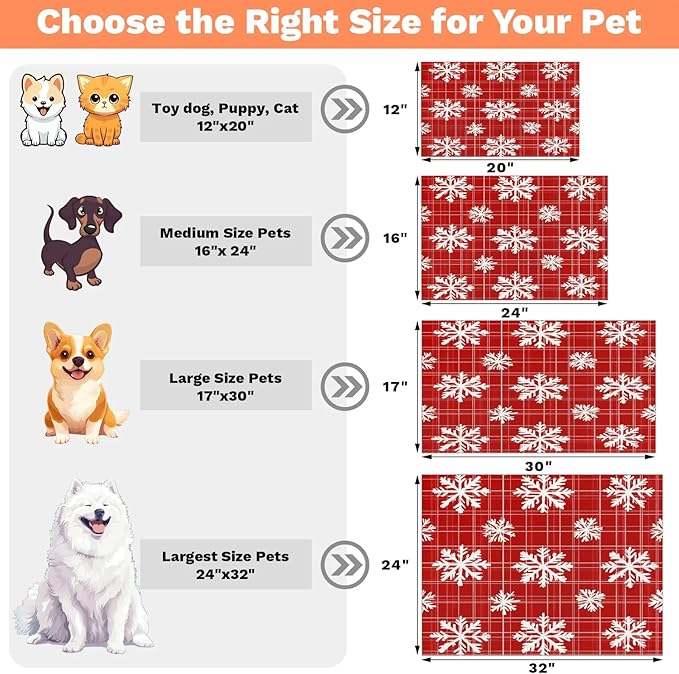 Red White Xmas Snowflake Dog Food Mat for Floors Absorbent, Quick Dry Water Dispenser Mat for Food, Water, Pet Supplies 17" x 30",