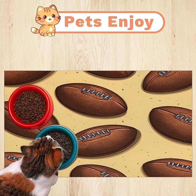 Rugby Dog Food Mat for Floors Absorbent, Quick Dry Water Dispenser Mat for Food, Water, Pet Supplies 17" x 30", American Football Sport