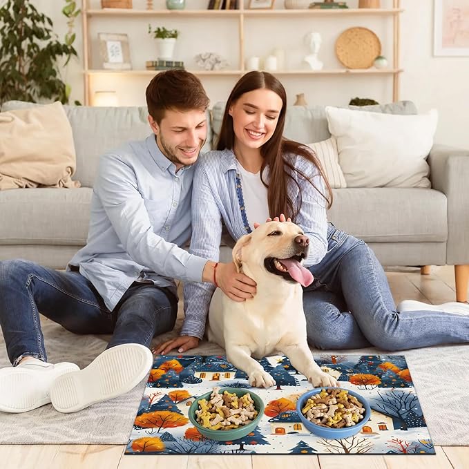 Village Hills Dog Food Mat for Floors Absorbent, Quick Dry Water Dispenser Mat for Food, Water, Pet Supplies 17" x 30", Fall Tree