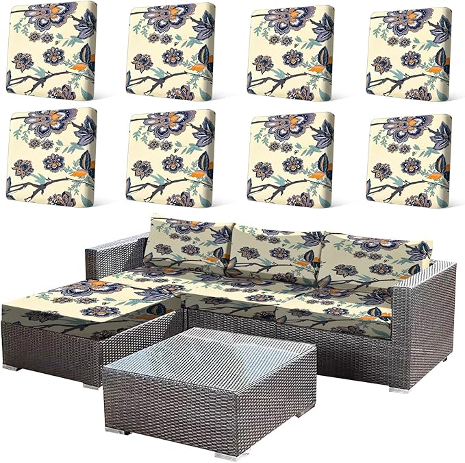 HANDONTIME 8Pcs Outdoor Patio Cushion Covers Boho Floral Stretch Couch Cushion Cover Patio Couch Slipcover for Outdoor/Indoor Washable Non-Slip Furniture Protector for Pet (Blue, Cover Only)