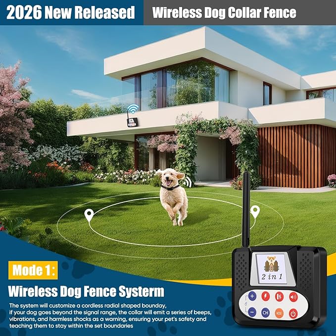 Wireless Dog Fence, Electric Fence System with Big LCD Color Screen, Portable Wireless Pet Fence with Remote Training collar, Dog Perimeter Collar, Adjustable for Small Medium Big Dogs (For 2 Dogs)