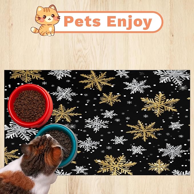 Winter Snowflake Dog Food Mat for Floors Absorbent, Quick Dry Water Dispenser Mat for Food, Water, Pet Supplies 16" x 24", Xmas Snowflakes