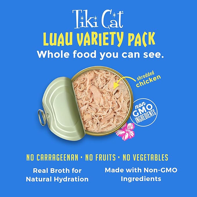 Tiki Cat Luau Variety Pack, Succulent Combinations of Real Shredded Protein in a Rich Flavorful Consumme, Grain-Free Balanced Nutrition Wet Canned Cat Food, for All Life Stages, 6 oz. Can (8 Count)