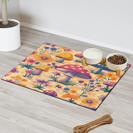 Boho Mushroom Dog Food Mat for Floors Absorbent Dog Bowl Mat for Food and Water Dispenser Quick Dry Cat Food Placemat Pet Supplies 17" x 30", Floral