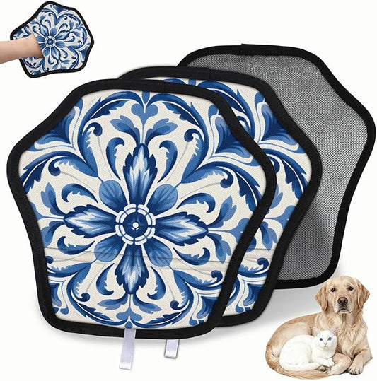 Reusable Pet Hair Removal Glove Classic Floral Print Magic Brush for Cat & Dog Hair Remover for Car, Sofa, Bedding, Clothes - 9x9 Mitt Washable