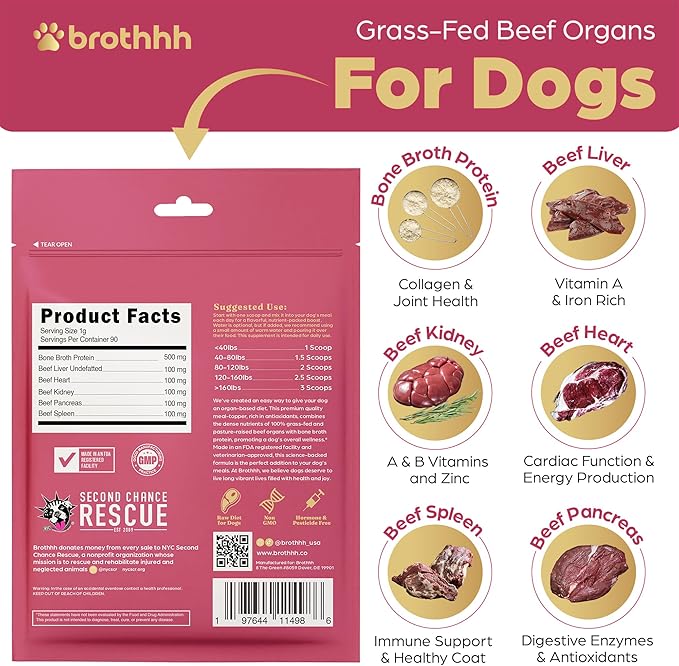 Beef Organ Bone Broth Meal Topper for Dogs - 100% Grass Fed, Veterinarian Approved, Non-GMO by Brothhh - Supports Immunity, Joint & Heart Health, Vision & Vitality - No Fillers - Pet Supplement