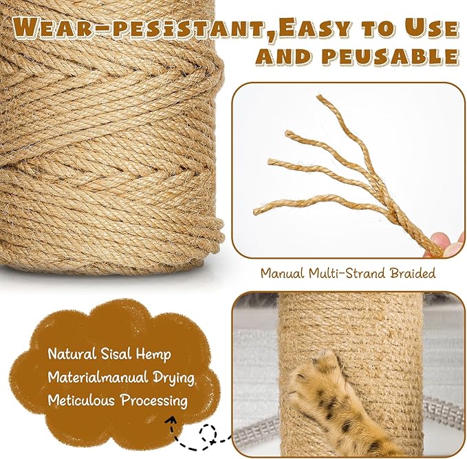 tchrules 328 ft/100 m Sisal Rope for Cat Scratcher, 1/4 inch/ 6 mm Thick Twine for Cat Scratching Post Cat Tree Replacements DIY Craft Projects, Jute Hemp Rope with 4 Random Colors Cat Toys