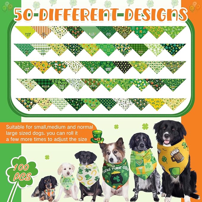 Kacctyen 100 Pcs St. Patrick's Day Dog Bandanas Bulk with Sayings Dog Adjustable Cute Washable Triangle Kerchief Scarf Bibs for Small to Medium Pet Seasonal Party Costume Accessories