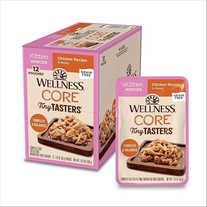 Wellness CORE Tiny Tasters Minced Kitten Wet Cat Food, Natural, Protein-Rich, Grain Free, 1.75-Ounce Pouch, 12 Pack, (Chicken)
