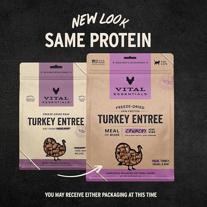 Vital Essentials Freeze Dried Cat Food, Raw Turkey Crunchy Mini Nibs | Complete Meal or Topper | 96% Turkey, Organs & Bone | Limited Ingredient, High Protein, Grain Free Dry Cat Food | 12 oz Bag