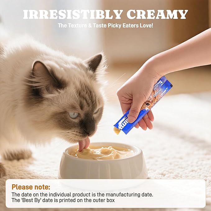 Lickable Cat Treats, High Moisture Hydrating Creamy Puree Squeeze Tubes, Chicken Flavor, 20 Tubes 0.5oz, Grain-Free, Omega Oils & Vitamin E, Skin & Coat Health, Digestive and Immune Support