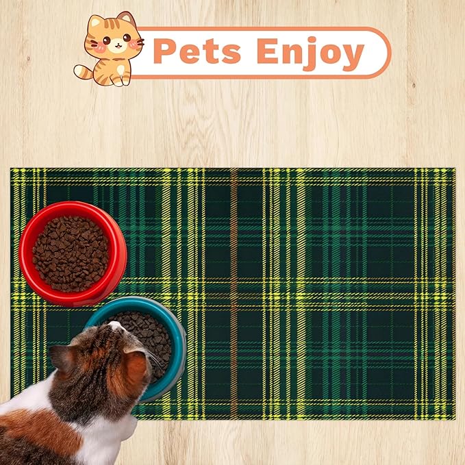 Green Plaid Dog Food Mat for Floors Absorbent, Quick Dry Water Dispenser Mat for Food, Water, Pet Supplies 24" x 32", Buffalo Check