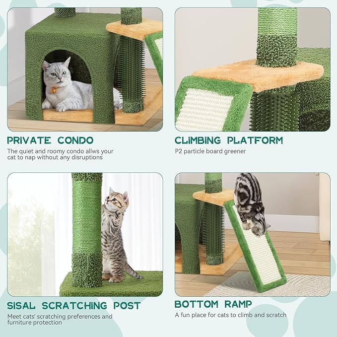 YITAHOME 37in Tall Cactus Cat Tree Tower: Cute Kitten Climbing Tower with Self-Grooming Brush, for Indoor Cats with Kitty Condo Plush Platform Hammock Sisal Scratching Posts Dangling Ball