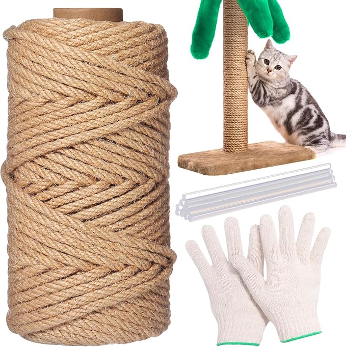 1/4inch ×164Ft Natural Cat Tree Hemp Rope, DIY Repair and Replace Scratching Post Sisal Rope for Scratching Post Cat Tree Tower DIY(Original Color)