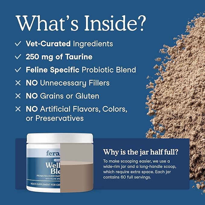 Fera Pets Wellness Blend - Cat Health Supplement with Feline-Specific Probiotics, Taurine and Lysine - Promotes Healthy Joints, Immunity, Heart & Bladder -Powder - 60 Scoops