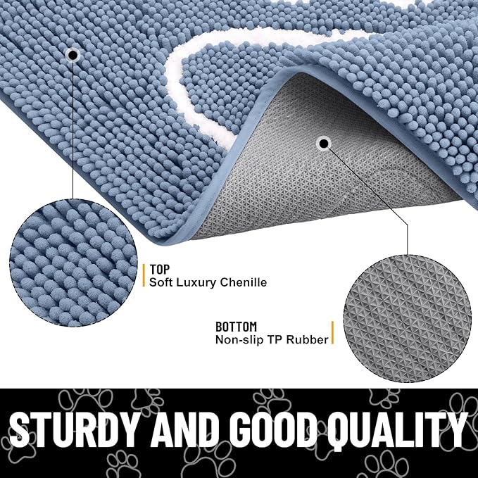 Smiry Dog Door Mat for Muddy Paws, Absorbent Dirt Trapper Non Slip Quick Dry Washable Chenille Mat for Mud Dogs, Entry Rug for Indoor and Outdoor (47x32 Inches, Airy Blue and White)
