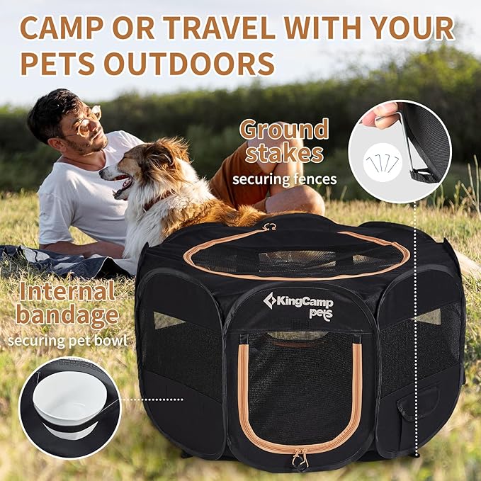 KingCamp Dog Playpen, Portable Foldable Cat Kitten Puppy Tent Crates 29"/36"/50" Pop Up Pet Playpen with Zippered Bottom & Cover for Indoor Outdoor Use (Small, Black)