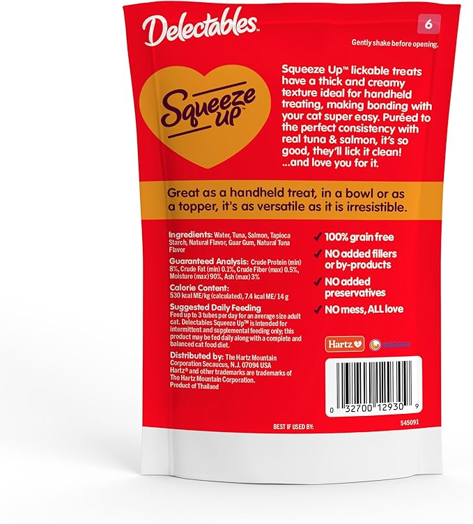 Hartz Delectables Squeeze Up Interactive Lickable Wet Cat Treats for Adult & Senior Cats, Tuna & Salmon, 4 Count(Pack of 8)