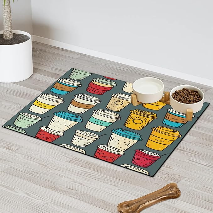Vintage Coffee Dog Food Mat for Floors Absorbent Dog Bowl Mat for Food and Water Dispenser Quick Dry Cat Food Placemat Pet Supplies 16" x 24", Colorful Coffee