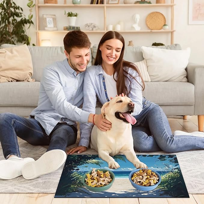 Ocean Beach Dog Food Mat for Floors Absorbent, Quick Dry Water Dispenser Mat for Food, Water, Pet Supplies 12" x 20", Tropical Seaside