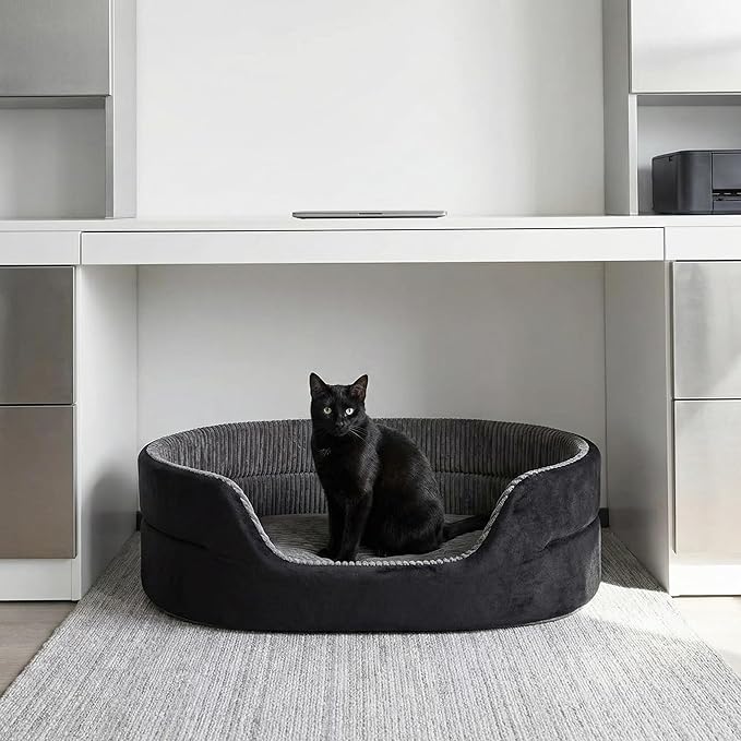 Small Dog Bed Cat Bed 16x20 Inch, Calming Pet Bed for Puppies, Teacup Dogs & Kittens, Half-Enclosed Open-Top Velvet Anti-Anxiety Bed, Machine Washable Cozy Snuggle Bed (Black)