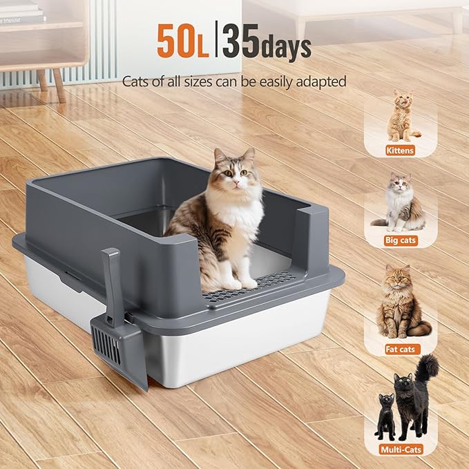 Extra Large Stainless Steel Litter Box, XXXL 27.6" H x 19.7" W x 11.8" H Metal High Sided Cat Litter Box with Scoop, Leak-Proof, Easy Clean for Big Cats/Multiple Cats (Dark Grey)