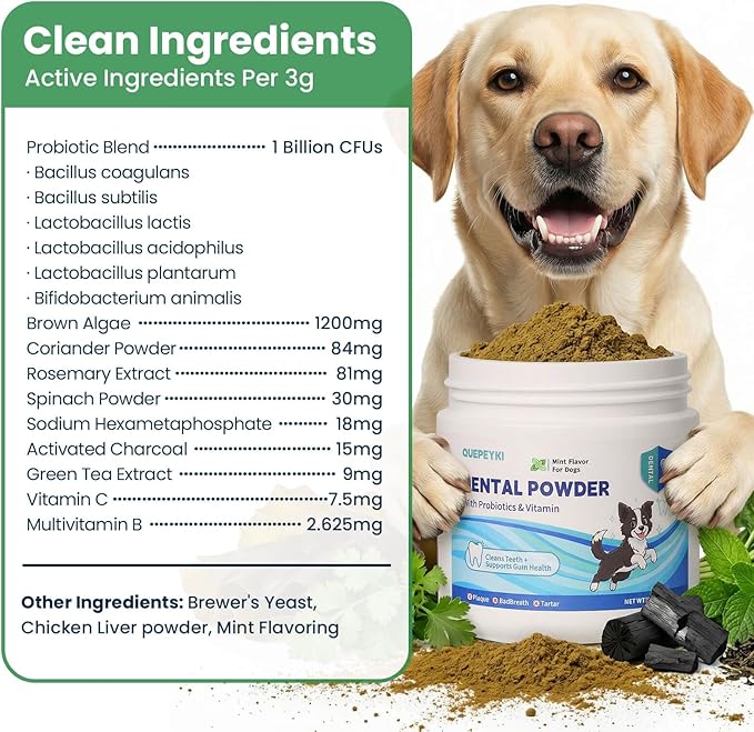 Dog Dental Powder & Breath Freshener - No-Brush Teeth Cleaning Food Topper for Plaque & Tartar Control - Oral Care: 1B CFU Probiotics, 1200mg Kelp per Scoop, SHMP - Chicken Liver, 150g