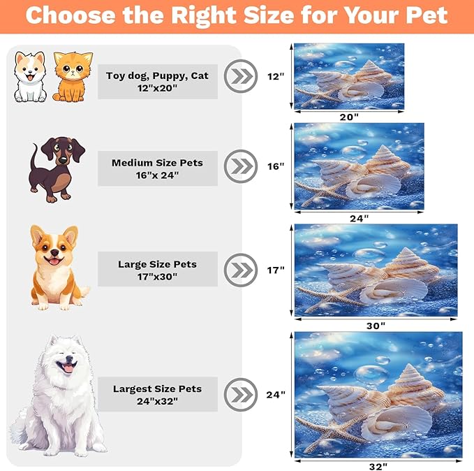 Ocean Beach Dog Food Mat for Floors Absorbent Dog Bowl Mat for Food and Water Dispenser Quick Dry Cat Food Placemat Pet Supplies 17" x 30", Starfish Seashells