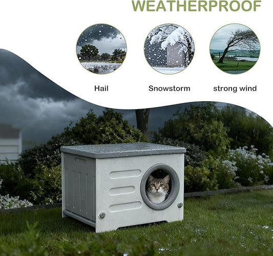 Outdoor Cat House-Weatherproof Heavy-Duty & Sturdy Feral Cat Shelter, Insulated Elevated Stackable Plastic Cave for Outdoor/Indoor Use with Cushion (Green)