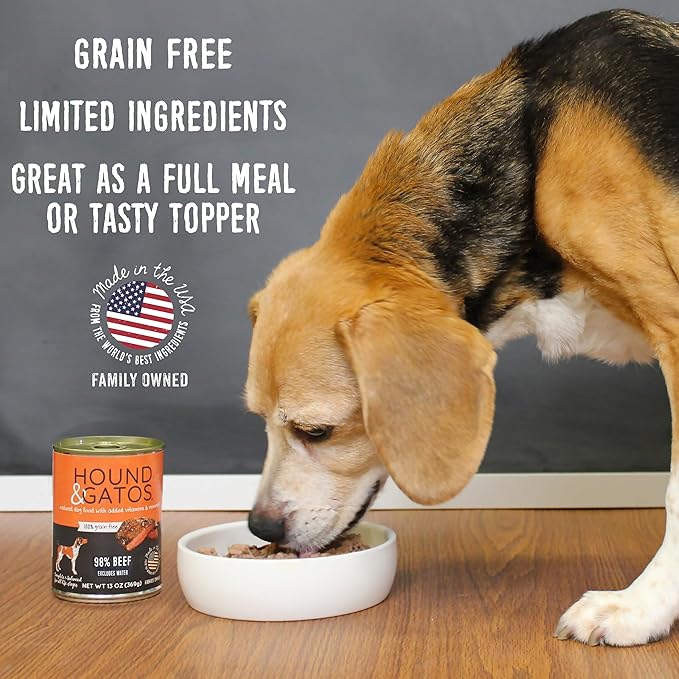 Hound & Gatos Wet Dog Food, 98% Beef, case of 12, 13 oz cans