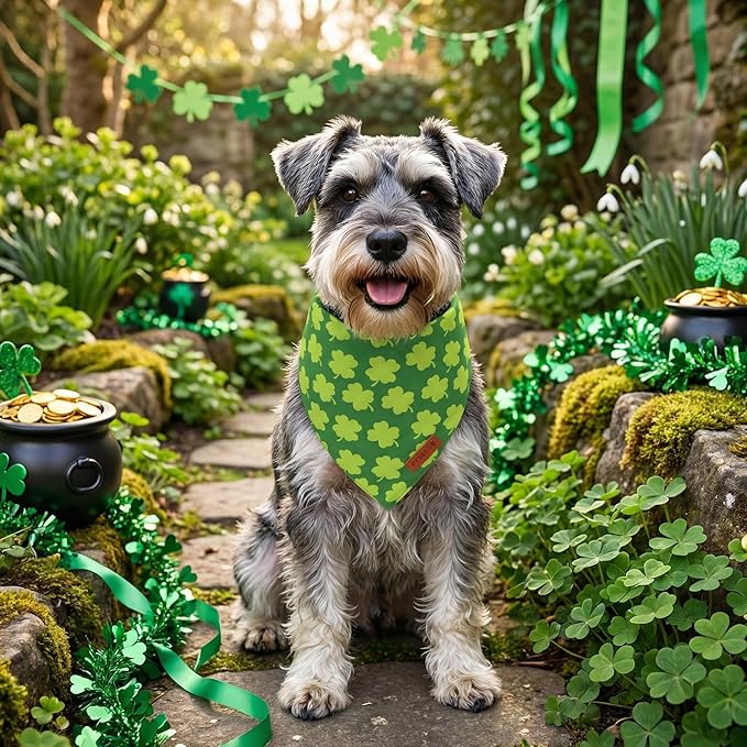 PTDECOR St. Patrick's Day Dog Bandana, Reversible Lucky Pet Scarf, Premium Durable Fabric, Adjustable Green Shamrock Pet Bandanas for Small Dogs Pets (Small)
