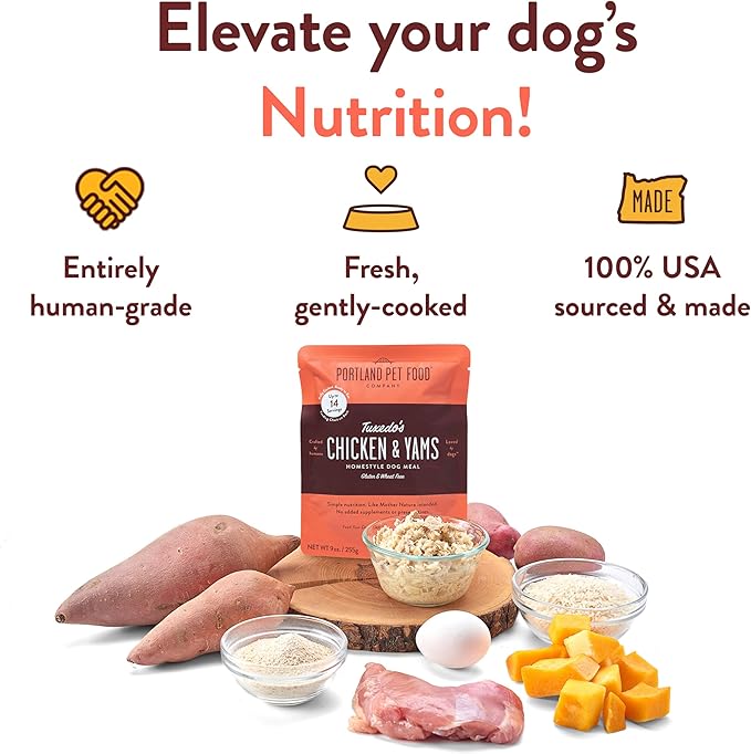 CRAFTED BY HUMANS LOVED BY DOGS Portland Pet Food Company Rosie’s Beef N' Rice Wet Dog Food Pouches 5pk and Tuxedo’s Chicken & Yams Wet Dog Food Pouches 5pk Bundle