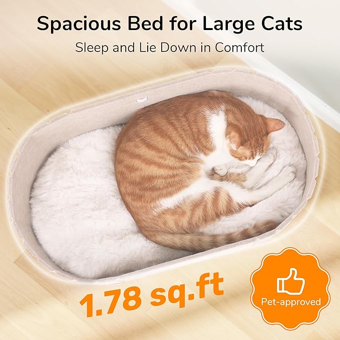 FUKUMARU Cat Beds for Indoor Cats, 24 Inch Large Cat Couch Bed with Cozy Faux Rabbit Fur Cushion, Felt Cats House Sofa in Oval Shape, Camel